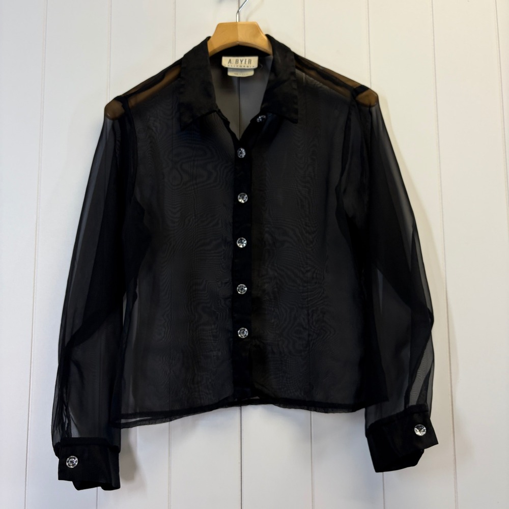 Vintage A Byer Y2K Goth Sheer Rhinestone Button Up Top Womens Medium Whimsigoth